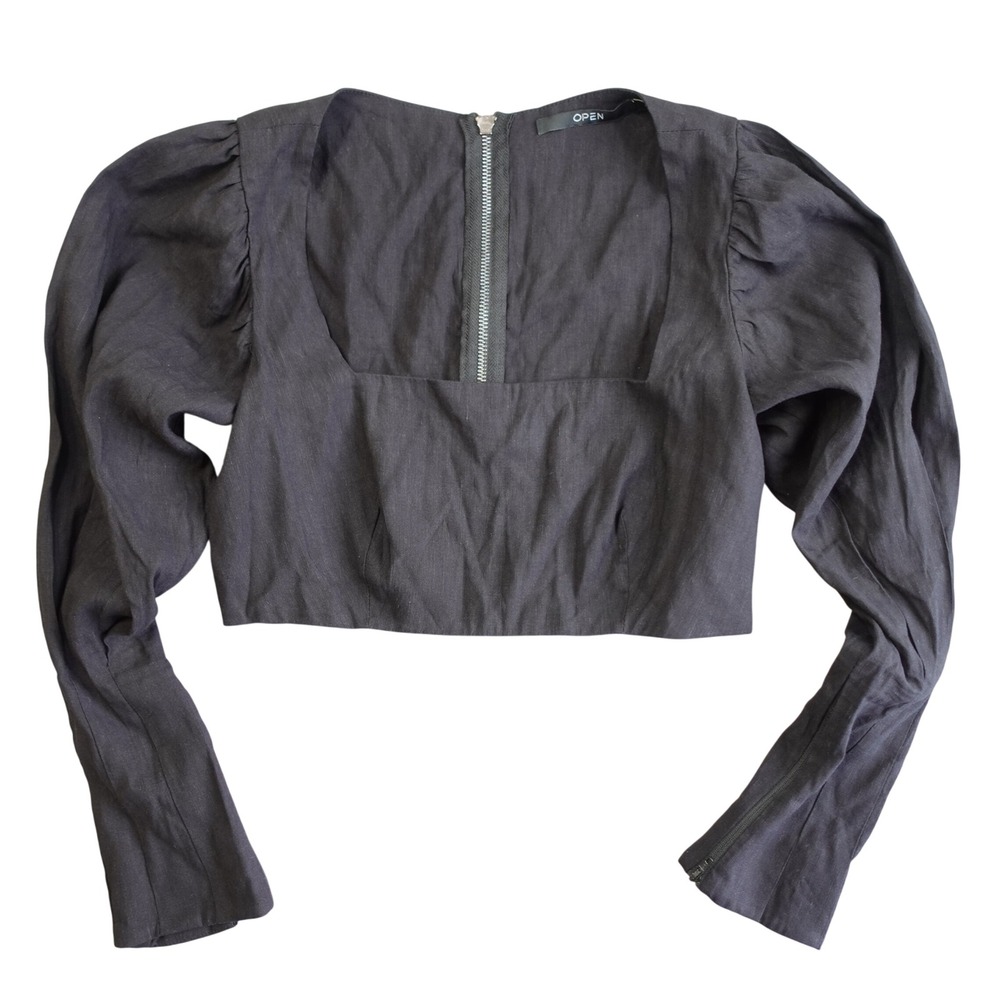Womens Black Long Sleeve Crop Top Small Black‎ Linen Puff Sleeve Square Neck Zip